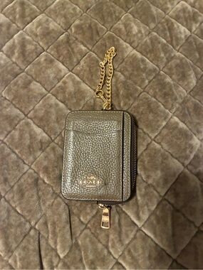 Coach Metallic Taupe Pebbled Leather Wristlet Card Case with Gold Chain